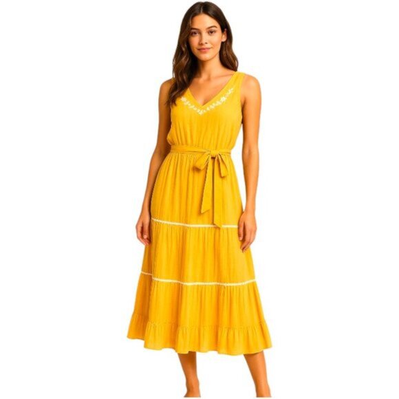 Joie Yellow Romantic Bohemian Flowy Tiered Embroidered Vacation Maxi Dress 12 - Picture 1 of 9
